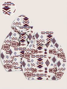 Men's Totem Print Hooded Fleece Sweatshirt - Red and White - View 2