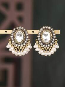1 par de pendientes colgantes a la moda con borlas, piedras preciosas y perlas vintage, adecuados para el uso diario de las mujeres