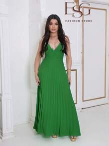 Long Pleated Dress With Straps For Parties And Weddings - 墨綠色 - 查看 2