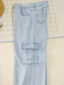 Women's Wideleg Cargo Jeans, High Waisted Twill Fabric - 淺色水洗藍 - 查看 4