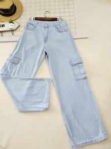 Women's Wideleg Cargo Jeans, High Waisted Twill Fabric - 淺色水洗藍 - 查看 1