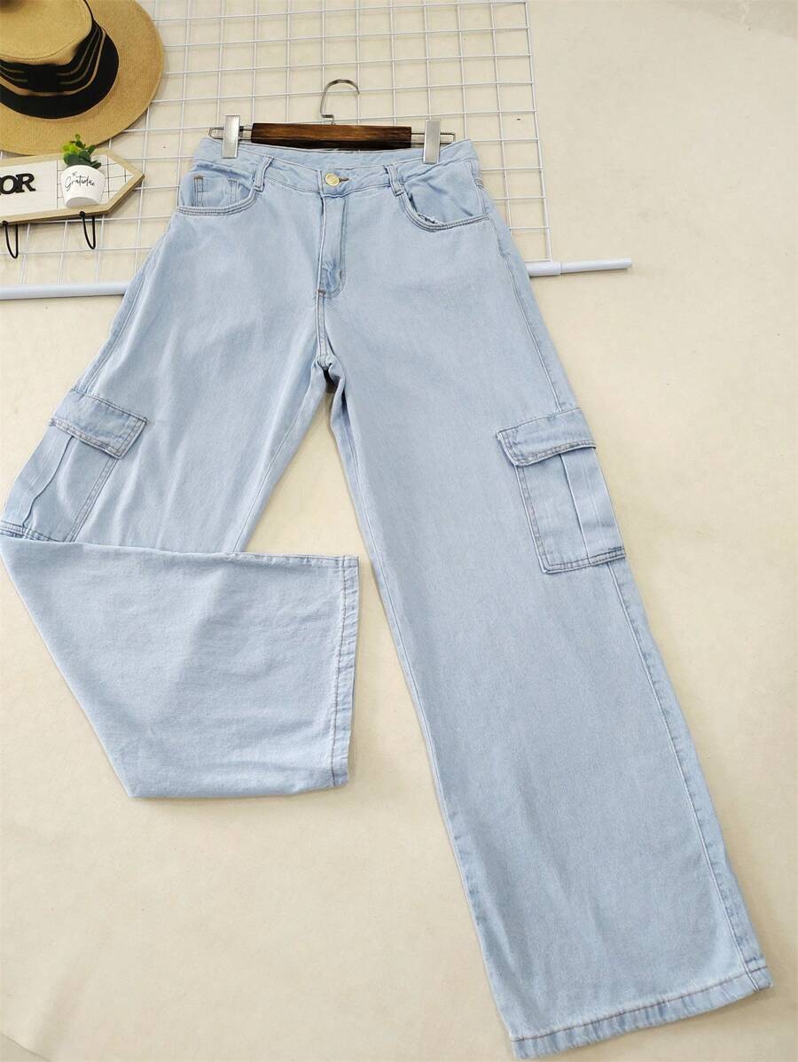 Women's Wideleg Cargo Jeans, High Waisted Twill Fabric - Light Wash - View 1