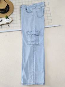 Women's Wideleg Cargo Jeans, High Waisted Twill Fabric - 淺色水洗藍 - 查看 3