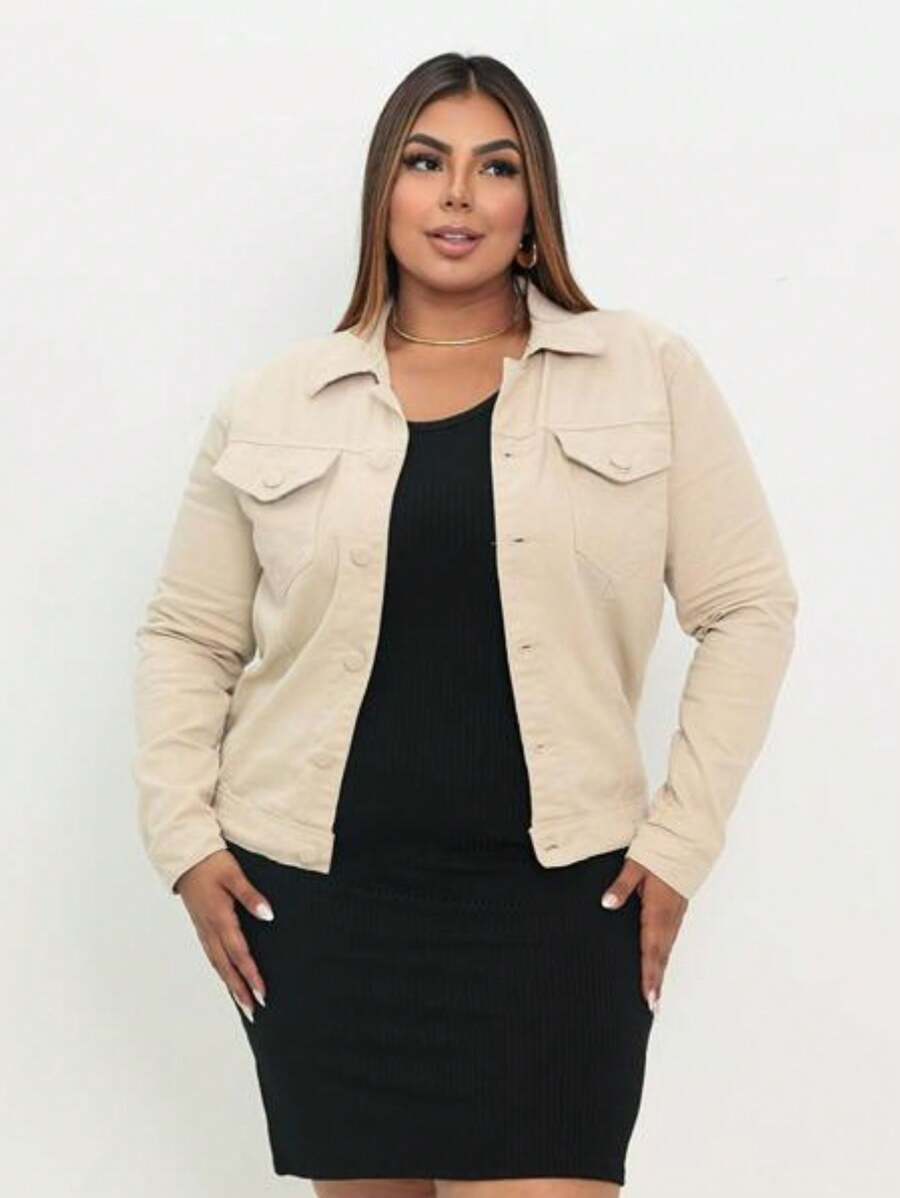 WOMEN'S CASUAL PLUS SIZE JEANS JACKET - Beige - View 1