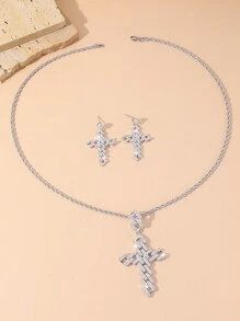 1 bộ dây chuyền và hoa tai mặt thánh giá Chúa Jesus và đá Zirconia sáng bóng thiết kế rỗng đơn giản nhưng thời trang, thích hợp làm quà tặng, cho cặp đôi, bạn bè, đeo hàng ngày và cầu nguyện - Bạc - Xem 3