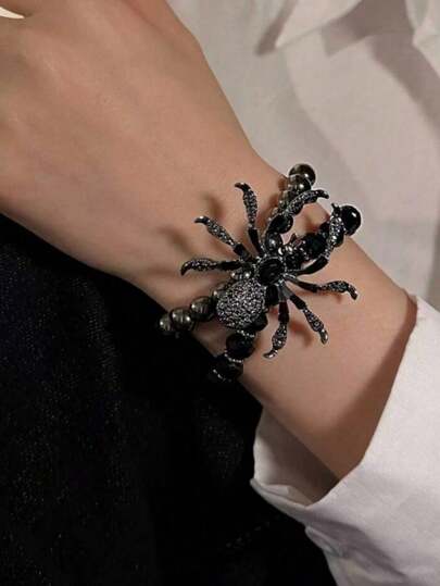 1pc Fashionable Retro Punk Style Spider Beaded Bracelet, Suitable For Men And Women Daily Wear, Halloween Bracelet