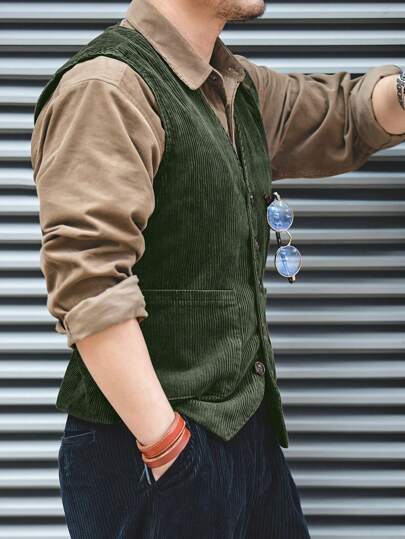 Men's Casual Vest Waistcoat Anorak Jacket V-Neck Workwear British Style, For Fall