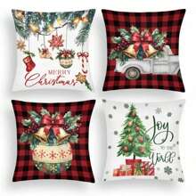 4 piezas/1 pieza Funda de cojín con estampado de cuadros escoceses para decoración navideña, decoración del hogar y fiesta de Navidad para sofá - Multicolor - Ver 14