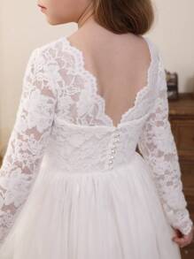 Tween Girl Hollow Back Pearl Long Sleeve Lace Contrast Mesh Flower Girl Wedding Party Evening Dress - White - View 7