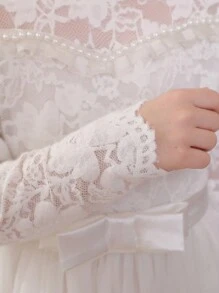Tween Girl Hollow Back Pearl Long Sleeve Lace Contrast Mesh Flower Girl Wedding Party Evening Dress - White - View 8