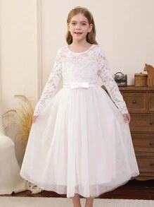 Tween Girl Hollow Back Pearl Long Sleeve Lace Contrast Mesh Flower Girl Wedding Party Evening Dress - White - View 4
