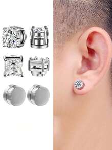 3 Pairs Crystal Magnetic Earrings Punk Round Zirconia Magnetic Earrings, Suitable For Men, Daily Wear, Gift For Christmas, New Year, Valentine's Day - Earring Set - View 3