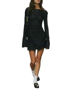 Female Short Dress, Solid Color/ Floral Print Long Sleeve Backless Dress, Black/Khaki, S/M/L