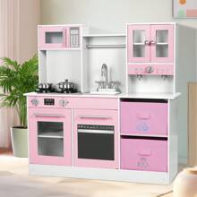 MAMIZO Kids Play Kitchen, Wooden Pretend Toy Kitchen, Toodler Cooking Kitchen Playset With Light & Sound, Sink, Microwave, 2 Fabric Boxs, Dishwasher, Modern Home Style Kitchen Toy For Girls Boys Age 3+ - 粉色 - 查看 1