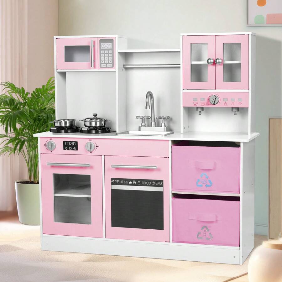 MAMIZO Kids Play Kitchen, Wooden Pretend Toy Kitchen, Toodler Cooking Kitchen Playset With Light & Sound, Sink, Microwave, 2 Fabric Boxs, Dishwasher, Modern Home Style Kitchen Toy For Girls Boys Age 3+ - 粉色 - 查看 1