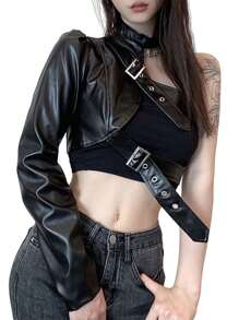 Goth Techwear Leather Crop Tops Coat Motorcycle Riding Shirt For Women - 黑色 - 查看 2