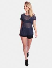 Short Sleeve Transparent Tulle Workout Gym Fitness Top - Navy Blue - View 7