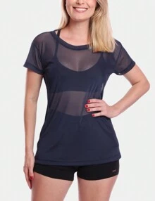 Short Sleeve Transparent Tulle Workout Gym Fitness Top - Navy Blue - View 1