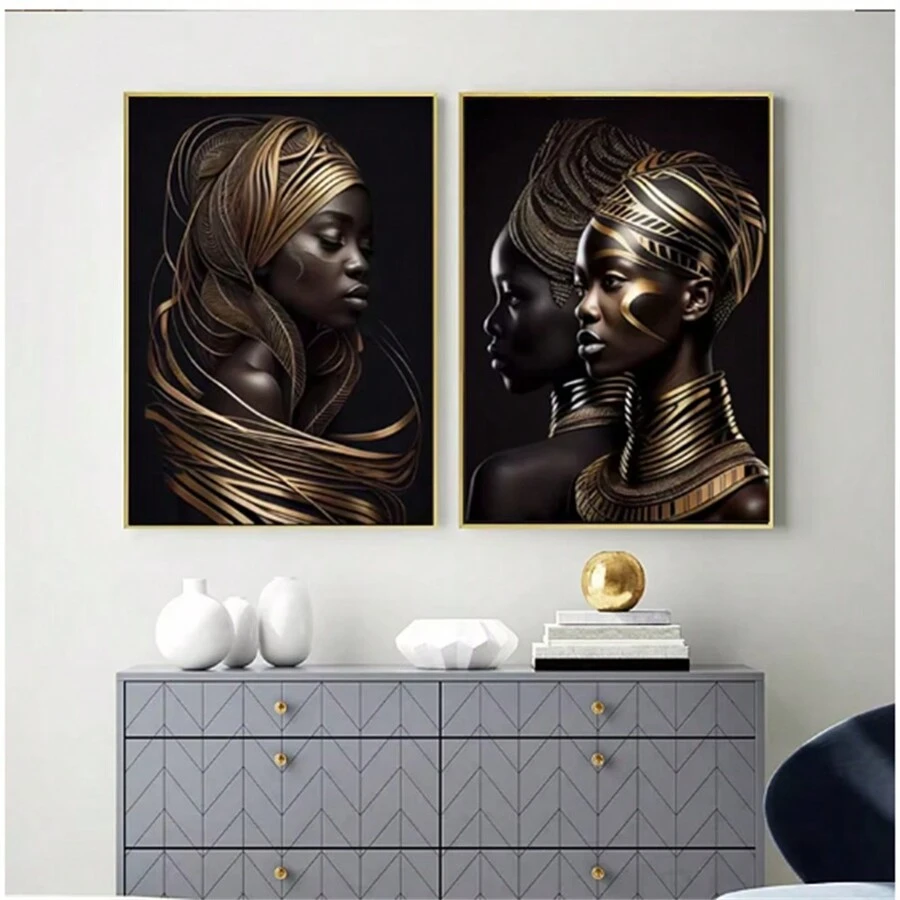 2 件套 非洲艺术墙面帆布画 人物海报印刷品 现代抽象画 客厅卧室 家居装饰 无框 - 彩色 - 查看 1