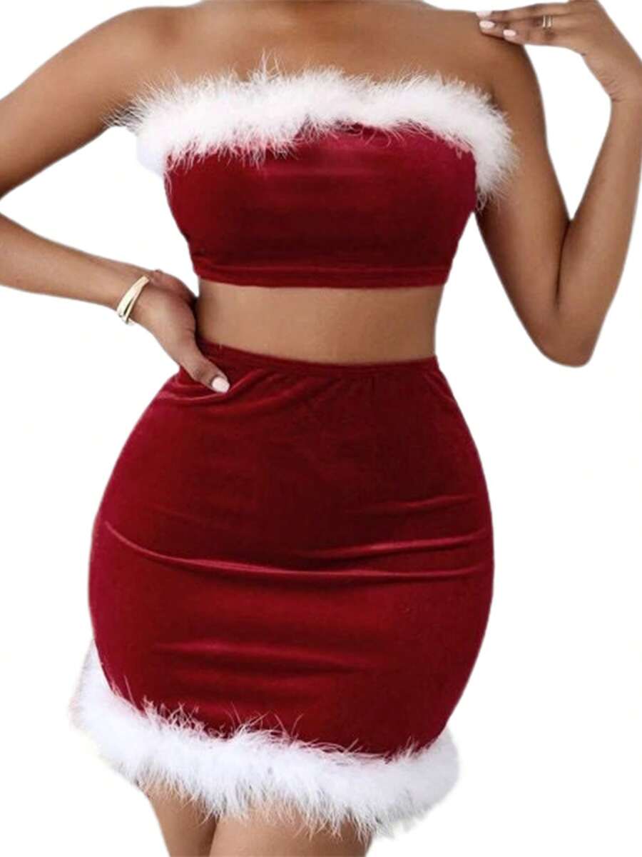 Women's Christmas Skirt Outfits Contrast Color Crop Tube Tops + Bodycon Mini Skirt - 紅色 - 查看 1