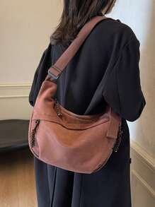 1个纯色哑光丝绒新月形包，简约轻便可折叠多口袋拉链斜挎包，休闲通勤运动上学单肩手提包 - 咖啡棕 - 查看 3