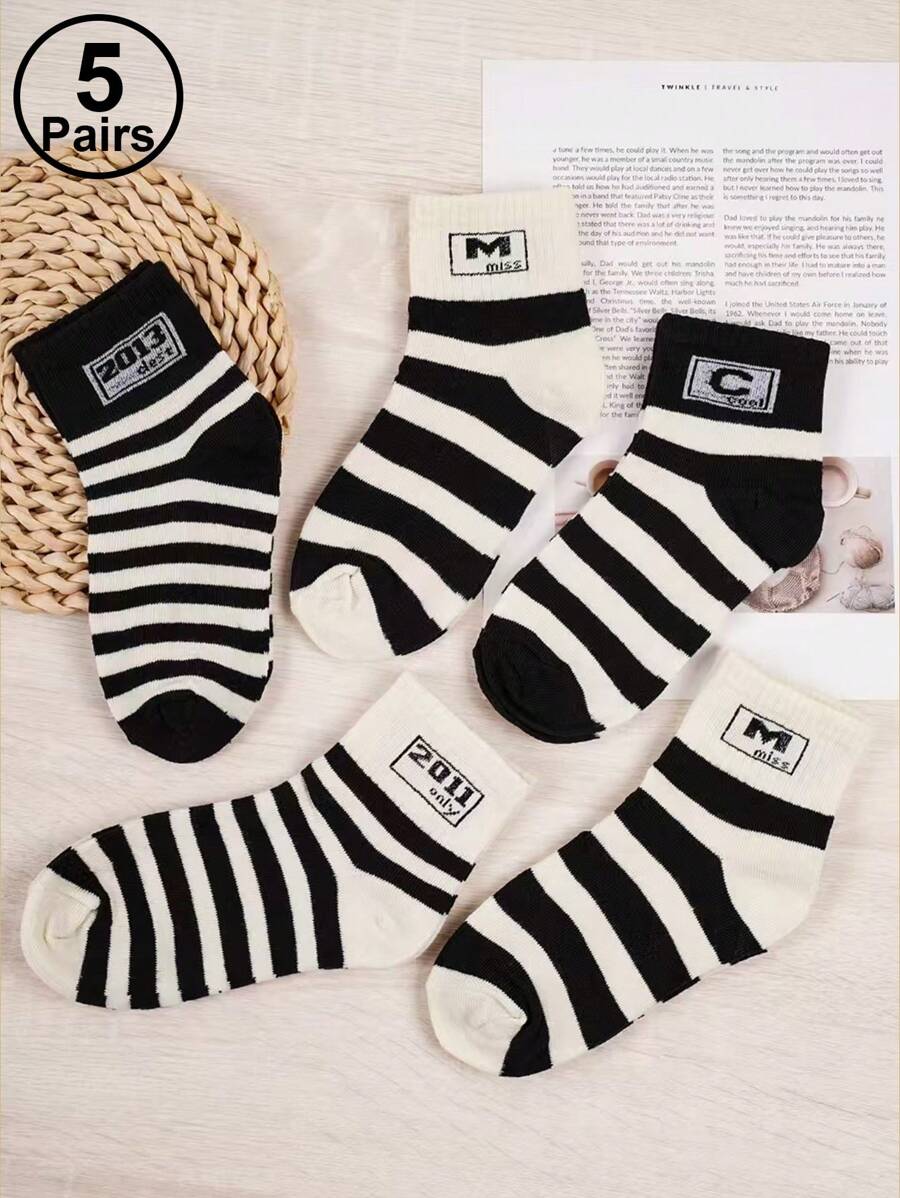 5 双儿童男孩彩色袜子，新款时尚男孩运动条纹字母设计中筒袜，秋冬 - 彩色 - 查看 1