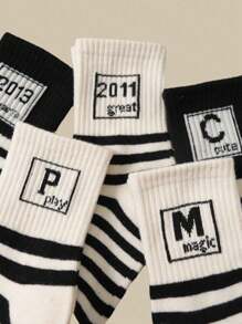 5 双儿童男孩彩色袜子，新款时尚男孩运动条纹字母设计中筒袜，秋冬 - 彩色 - 查看 2