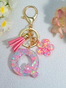 1 件粉色亮片字母钥匙扣、树脂钥匙扣吊坠、个性化背包装饰、花卉流苏礼物情人节汽车配件包魅力学院可爱哥特 Y2k