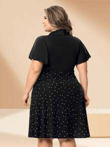 Plus Size Wrap Dress In Satin Jersey And Black And White Helanca - 黑色 - 查看 2