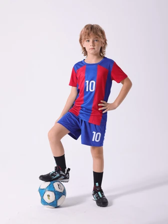 2pcs/Set Tween Boy Numeric Print Crew Neck Short Sleeve T-Shirt And Shorts Sports Outfit, Size 10