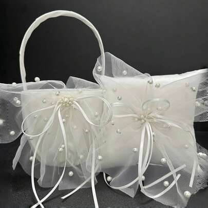 1 pieza Cesta de flores para boda, almohadilla portadora de anillo con encaje y perlas artificiales en color champán, apta para fiestas de boda (blanco y champán)