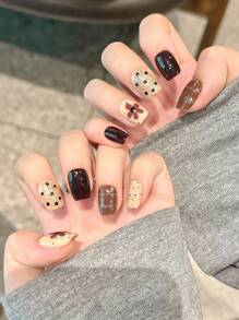 10 件棕色手绘花朵条纹手工按压指甲短棺材秋冬季简约假指甲DIY指甲用品可重复使用，带果冻胶和指甲锉，适合女士和女孩 - 棕色 - 查看 2