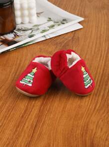 1 Đôi giày đế bằng đơn sắc họa tiết hoạt hình cho bé gái, giày trẻ sơ sinh dễ thương thích hợp cho mùa đông, giáng sinh - Đỏ - Xem 5