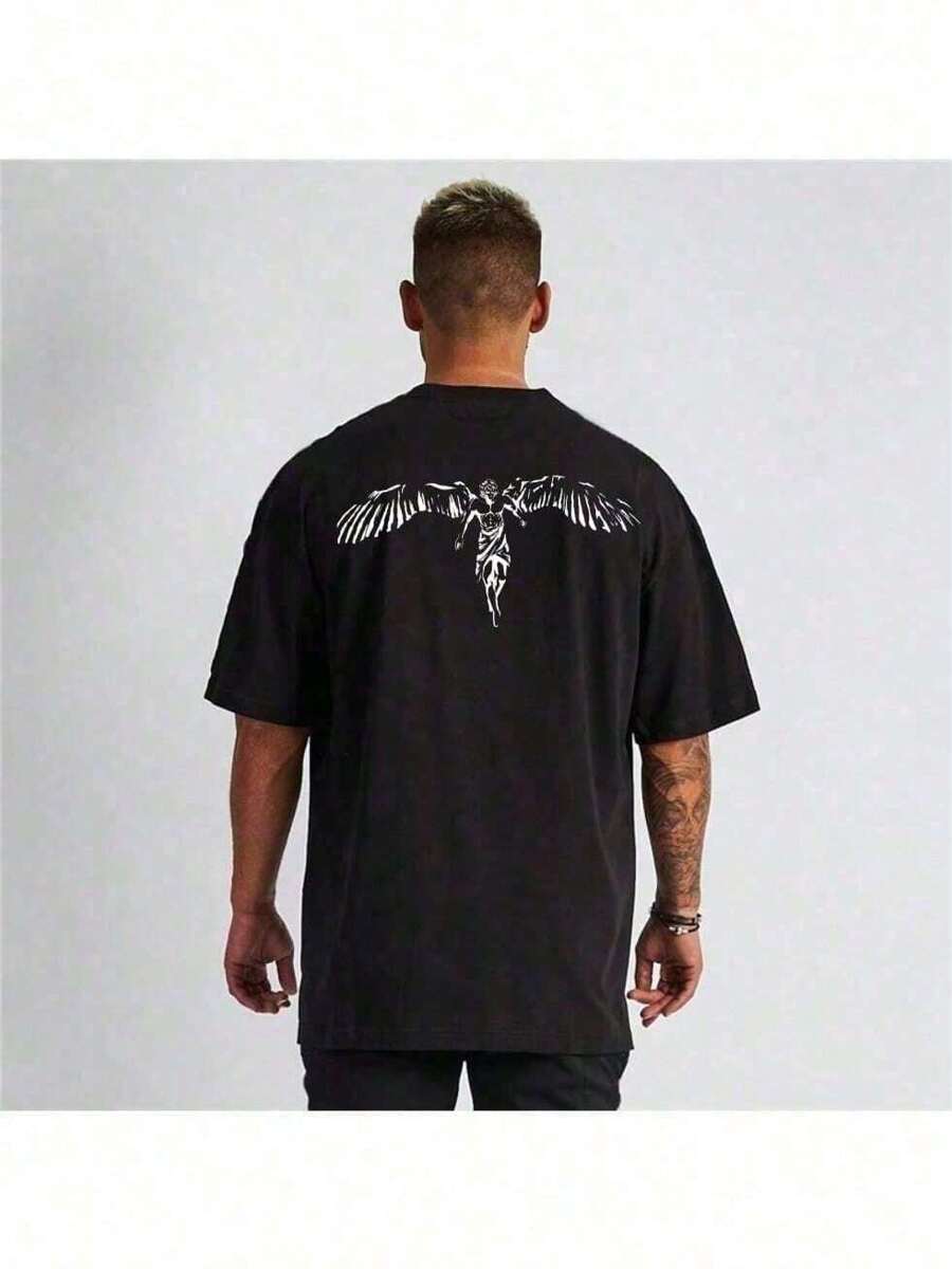 Men's Basic Oversized Angel Style T-Shirt Black 100% Cotton - 黑色 - 查看 1