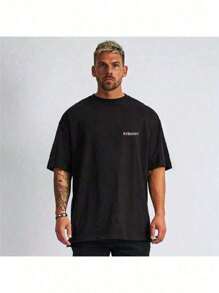 Men's Basic Oversized Angel Style T-Shirt Black 100% Cotton - 黑色 - 查看 2