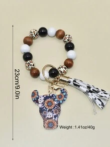 Móc khóa hạt gỗ lấy cảm hứng từ phương Tây với mặt dây chuyền và tua rua họa tiết da báo và bò - Ví đeo tay bằng hợp kim/da giả sang trọng dành cho phụ nữ, quà tặng hoàn hảo cho Ngày của Mẹ - Nhiều màu - Xem 9