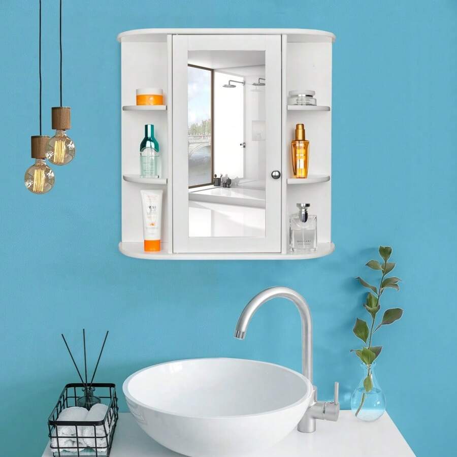 3-Tier Single Door Mirror Indoor Bathroom Wall Mounted Cabinet Shelf White - 白色 - 查看 1