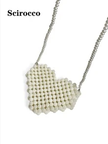 INS 手工仿珍珠串珠斜挎包，可爱小单肩包钱包，适合派对和晚会情人节 - 白色 - 查看 9