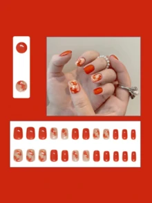 24 片假指甲板+1 果冻胶+1 锉条，佩戴纯色锦鲤指甲板，指甲板，节日指甲贴片，简单可拆卸指甲板 - 橘色 - 查看 2