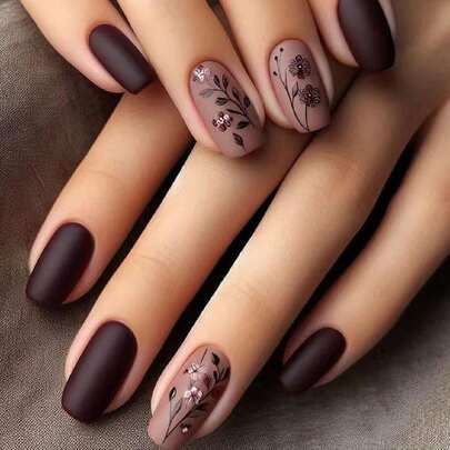 1 盒 24 片装奢华甜美花朵黑色短款芭蕾舞者风格假指甲，适合女孩和女士，附带 1 片果冻凝胶和 1 片指甲锉，按压式指甲，美甲用品，美甲