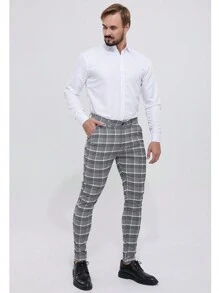 ALLELMS Men Light Grey Checked Slim Fit Stretch Chinos Plaid Pants - Grey - View 4