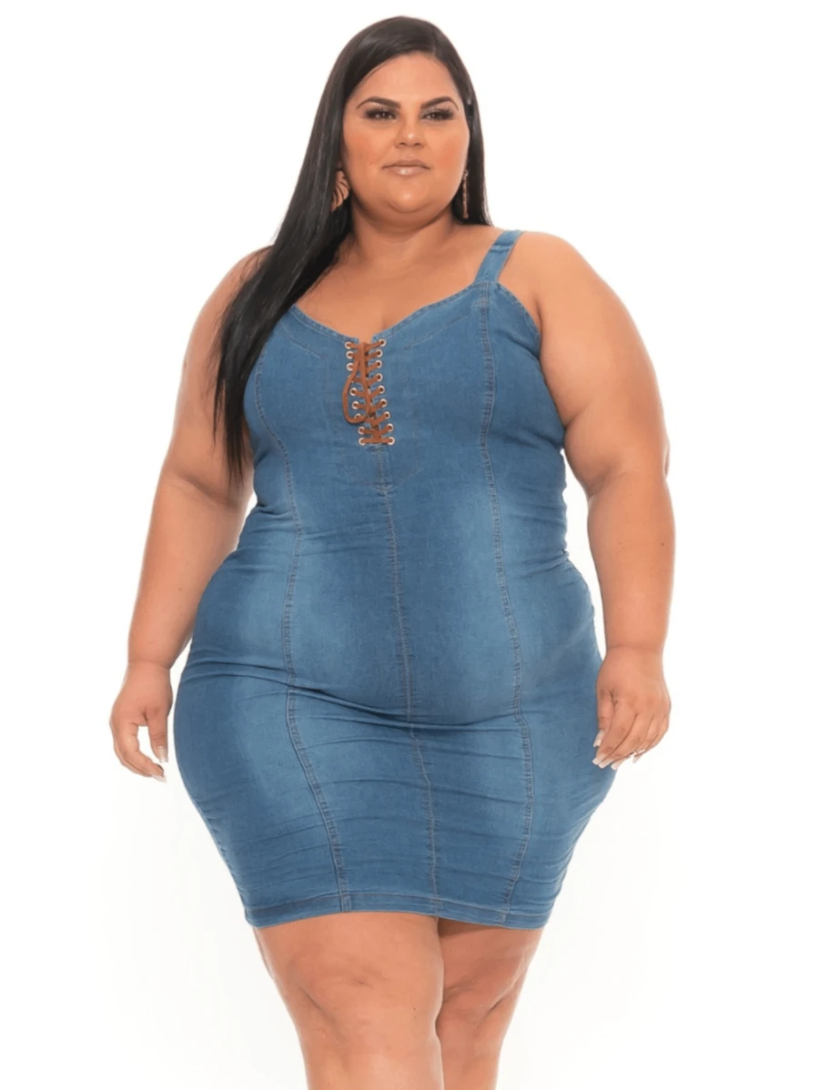 Carla Plus Size Denim Dress With Tie - 藍色 - 查看 1