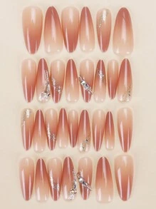 30 Pieces Of Long Almond Shaped Pressed Fake Nail Patches, Gradient Rhinestone Sweet And Cool Japanese And Korean Style Women's Nail Patches, New And Fashionable Fingertips, Matched With 1 Piece Of Jelly Glue And 1 Piece Of Rubbing Strip, Suitable For Women's Parties, Dances, Daily Casual Wear, Detachable And Reusable Press On Nails