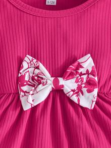 2 件套女婴春秋荷叶边下摆长袖圆领蝴蝶结 T 恤和花卉印花松紧腰裤休闲户外服装套装 - 粉色 - 查看 4