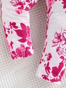 2 件套女婴春秋荷叶边下摆长袖圆领蝴蝶结 T 恤和花卉印花松紧腰裤休闲户外服装套装 - 粉色 - 查看 8