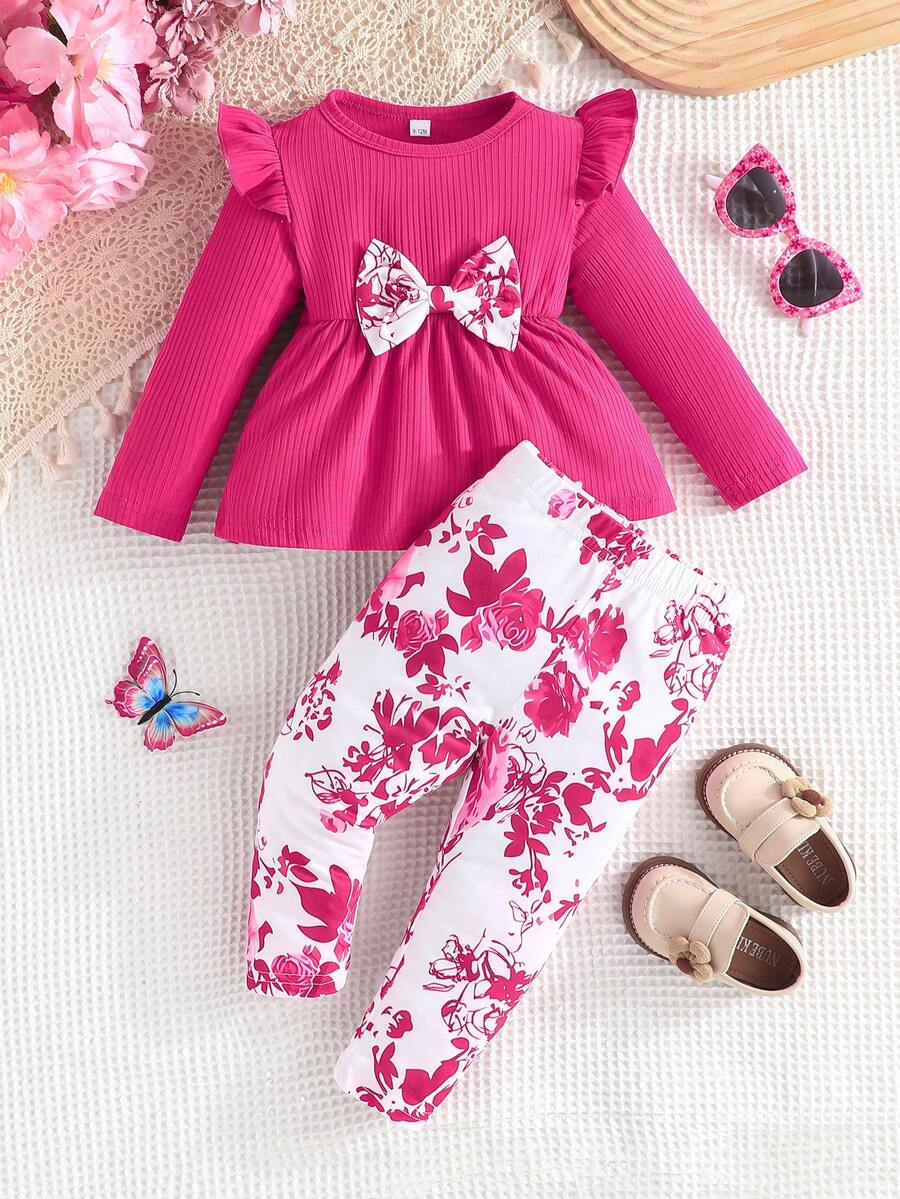 2 件套女婴春秋荷叶边下摆长袖圆领蝴蝶结 T 恤和花卉印花松紧腰裤休闲户外服装套装 - 粉色 - 查看 1