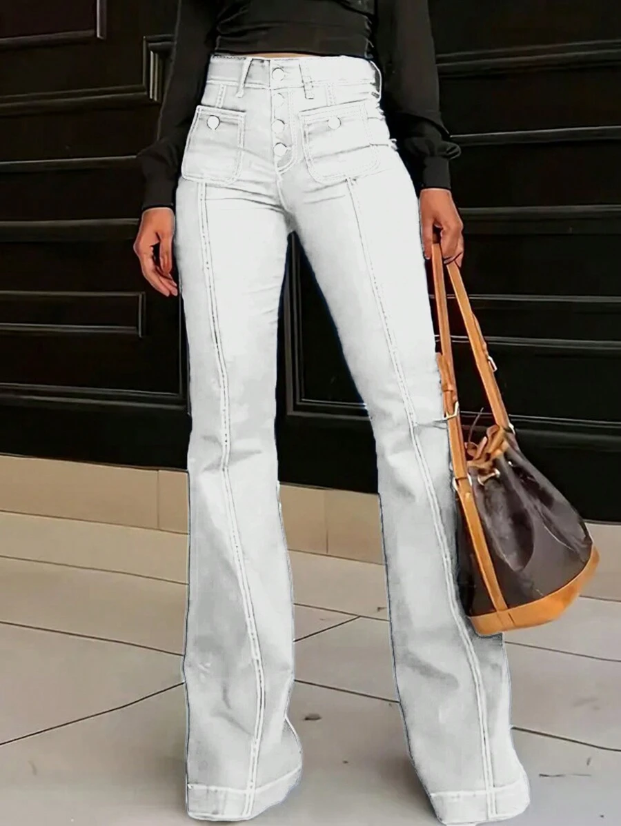 Pantalones vaqueros de cintura media estilo europeo y americano, con bolsillos y múltiples botones, de pierna acampanada para mujeres