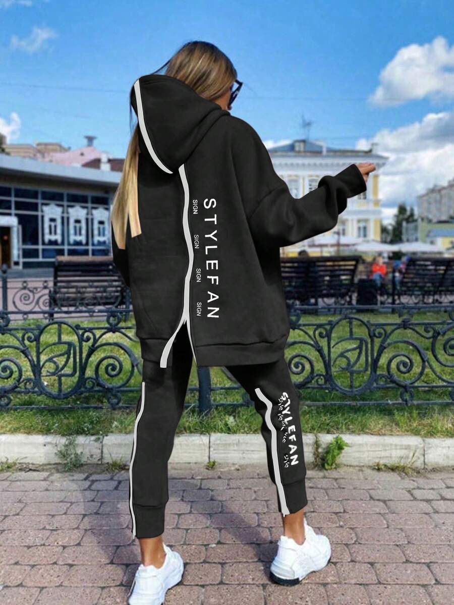 Double-Sided Zipper Front & Back Letter Print Loose Long Suit For Women