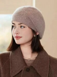 1pc Solid Color Beret Hat, New Autumn/Winter Style With Rhinestone Decor, Warm Rabbit Hair, Elegant For Outdoor, Street, Travel Use