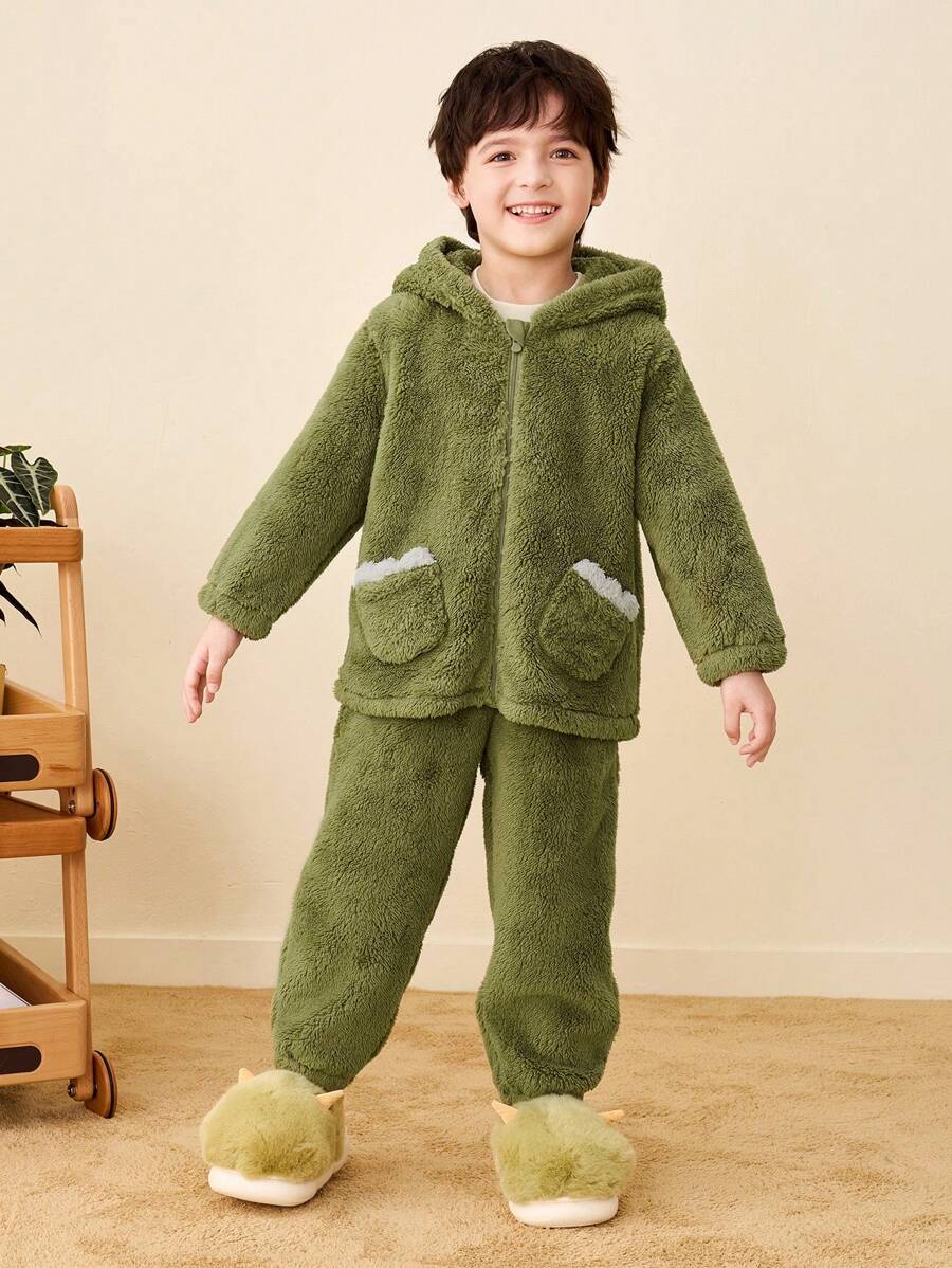 mini bala Boys' And Girls' Homewear Pajama Set For Outdoor Wear Fall/Winter Warm Collection - Army Green - View 1